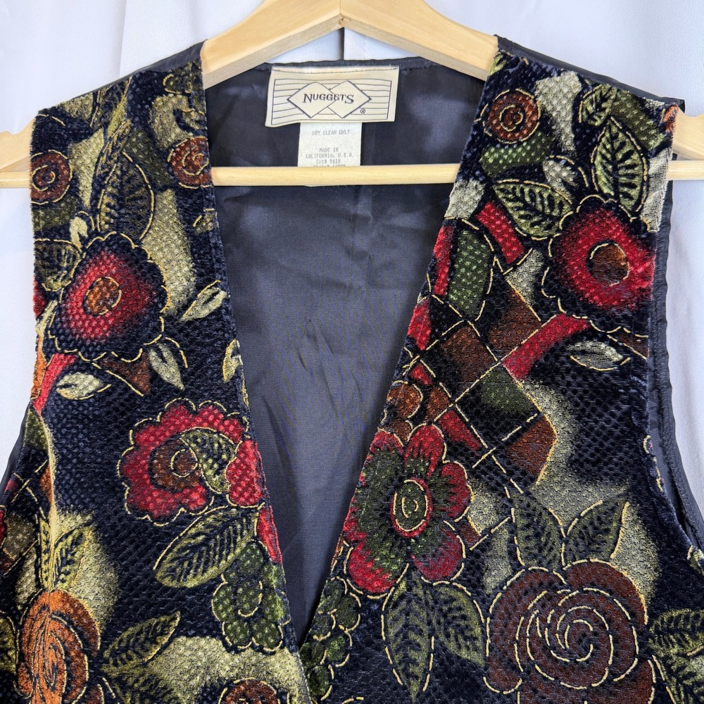 Vintage Nuggets Floral Tapestry Vest Small Metallic Velvet Roses Made in USA